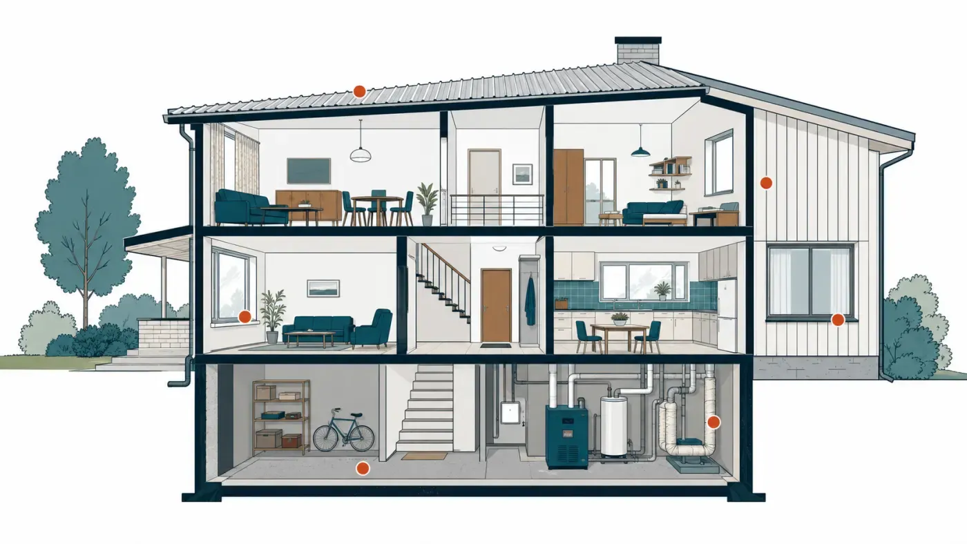 Schnittzeichnung eines Einfamilienhauses der 1960er/70er Jahre mit fünf markierten Asbest-Fundstellen: Welldach, Fassadenverkleidung, Fensterbank, Kellerboden und Rohrisolierung im Heizungskeller