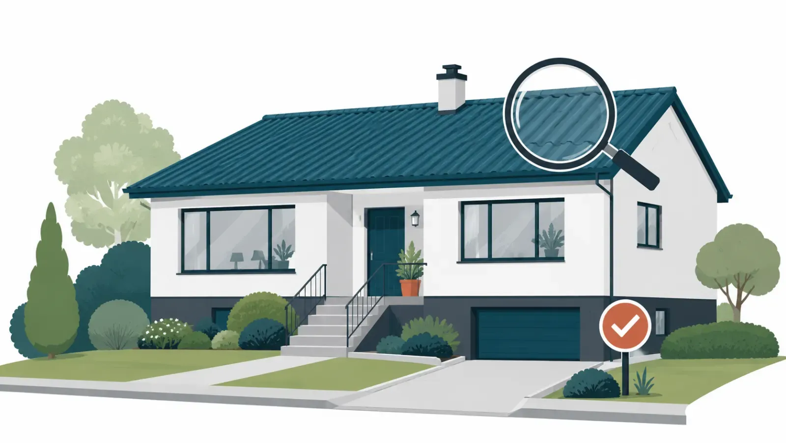 Illustration: Einfamilienhaus der 1970er Jahre mit Welleternit-Dach, daneben eine Lupe über einer Dachplatte und ein Schild mit Haken-Symbol für die geprüfte Sanierung