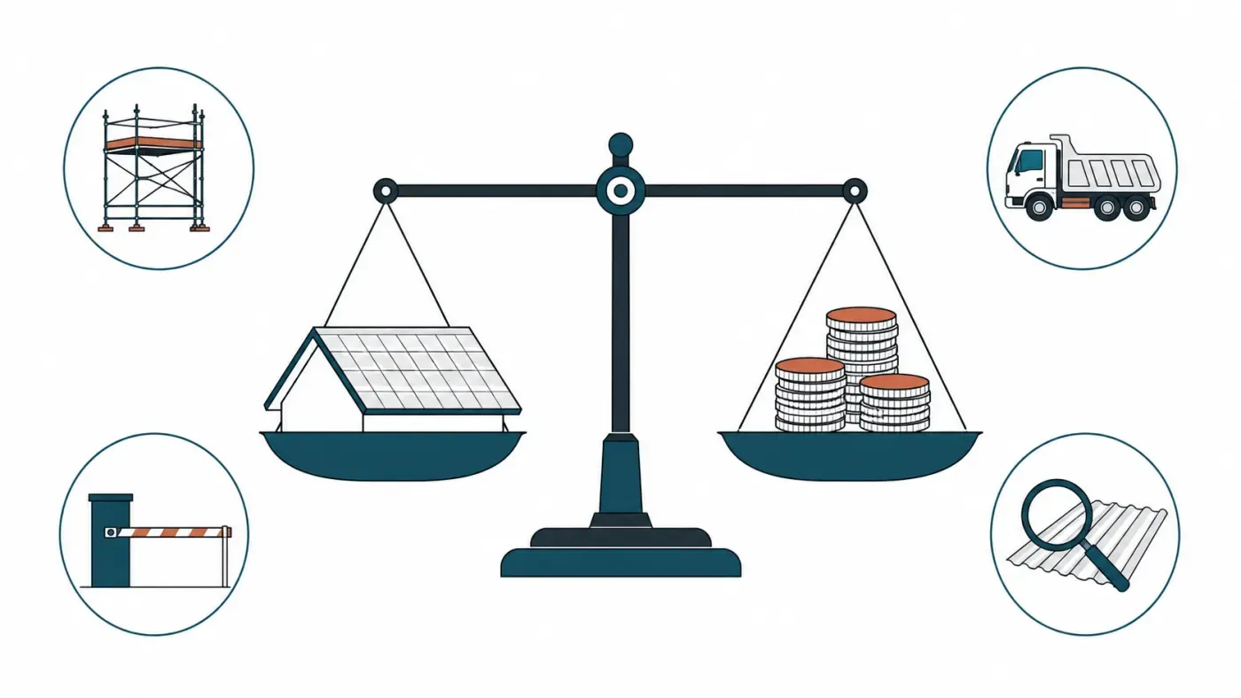 Illustration einer Balkenwaage: links eine Dachfläche mit Quadratmeter-Raster, rechts Münzstapel — umgeben von vier Kostenfaktor-Icons: Baugerüst, LKW, Deponie-Schranke und Lupe über einer Wellplatte